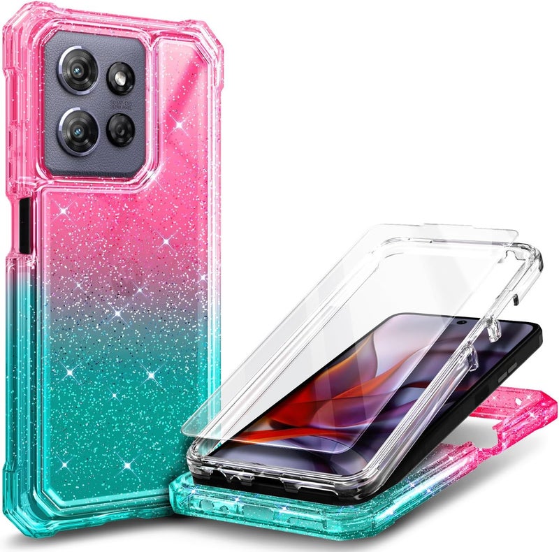 WDHD Compatible with Motorola Moto G-Power-2025 Case Glitter Pink/Aqua | Full-Body Protective Shockproof Bumper Phone Cover with Tempered Glass Screen Protector, 12FT Military Grade Drop Tested - Image 1